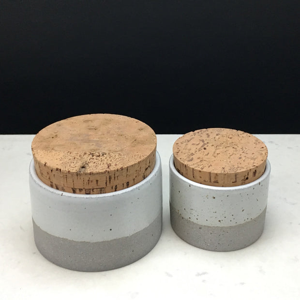 Canister w/ Classic Cork in Greystone/Snow White | Pictured here are 2 sizes: 4.5"x 3" & 3.5" x 2.5"