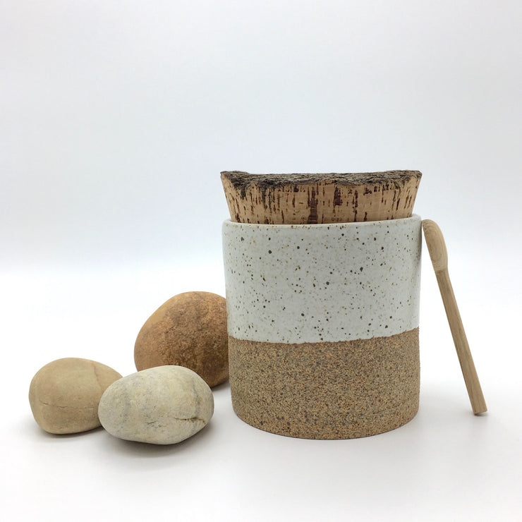 CAN4545-S-S-BT | Canister w/ Bark Top Cork | 4.5" x 4.5" | Sandstone/Snow White | Humble Ceramics | 