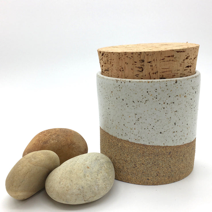 CAN4545-S-S-CC | Canister w/ Classic Cork | 4.5" x 4.5" | Sandstone/Snow White | Humble Ceramics | 