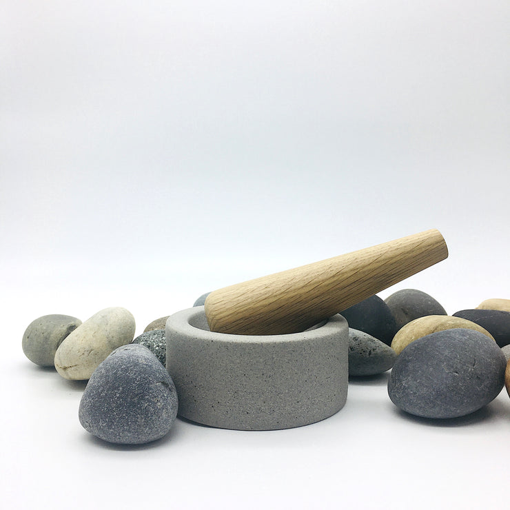 EM452-G + MDP6-WO | Essi Mortar + Mudra Pestle | 4.5" x 2" | Greystone + White Oak | Humble Ceramics |