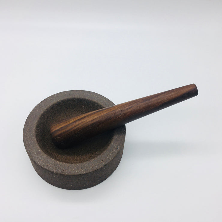 Essi Mortar | 6.5" x 2.5" | Raw Brownstone w/ Mudra Pestle 10" in Walnut