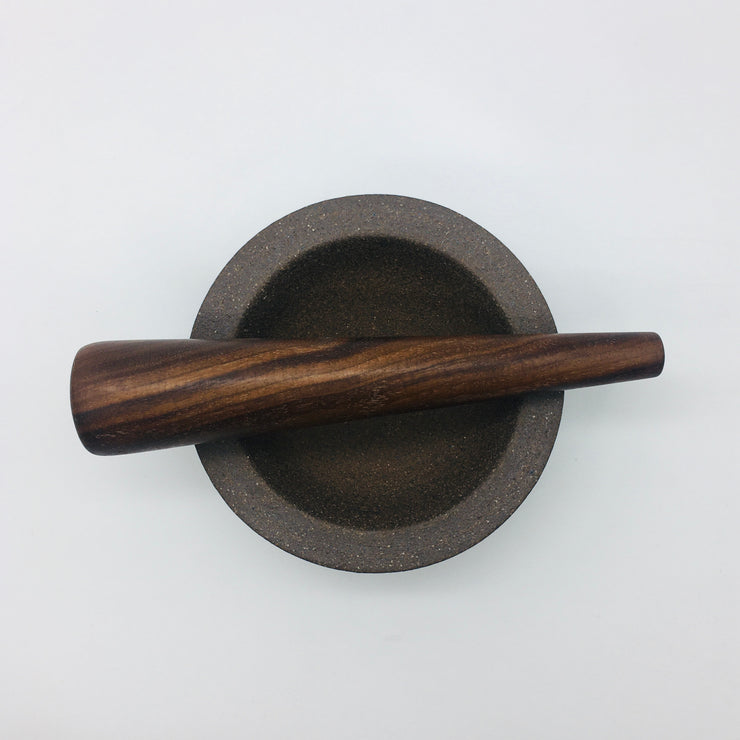 Essi Mortar | 6.5" x 2.5" | Raw Brownstone w/ Mudra Pestle 10" in Walnut