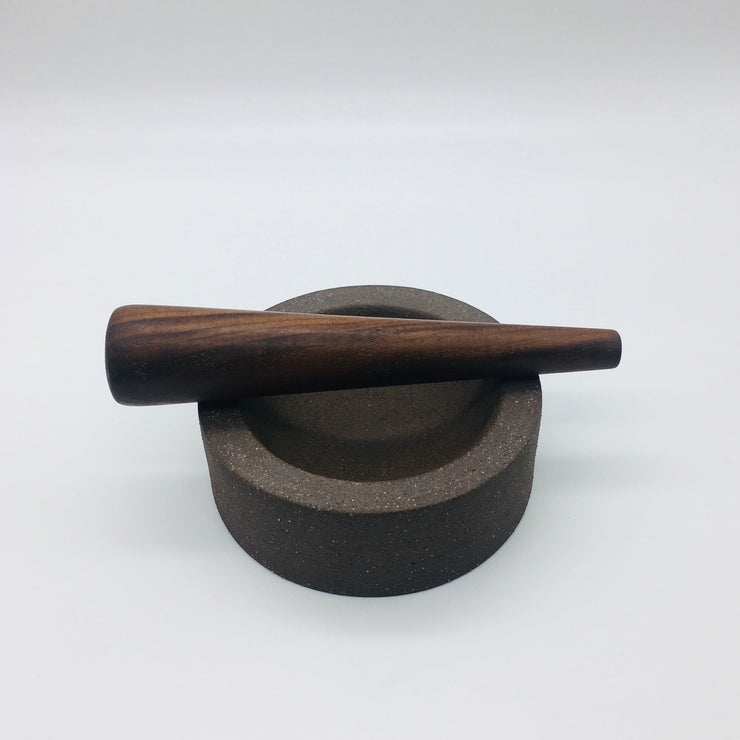 Essi Mortar | 6.5" x 2.5" | Raw Brownstone w/ Mudra Pestle 10" in Walnut