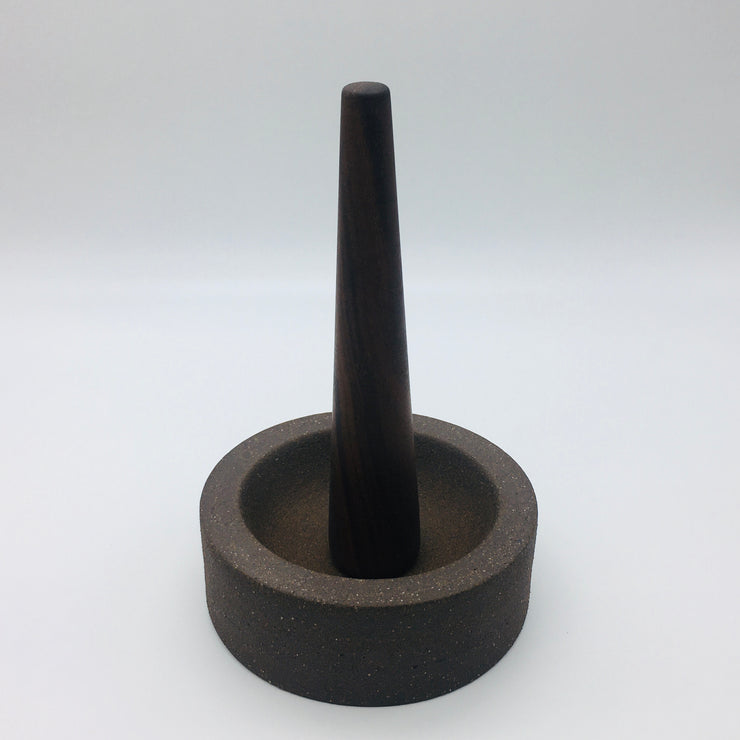 Essi Mortar | 6.5" x 2.5" | Raw Brownstone w/ Mudra Pestle 10" in Walnut