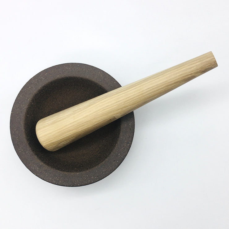 Essi Mortar | 6.5" x 2.5" | Raw Brownstone w/ Mudra Pestle 10" in White Oak