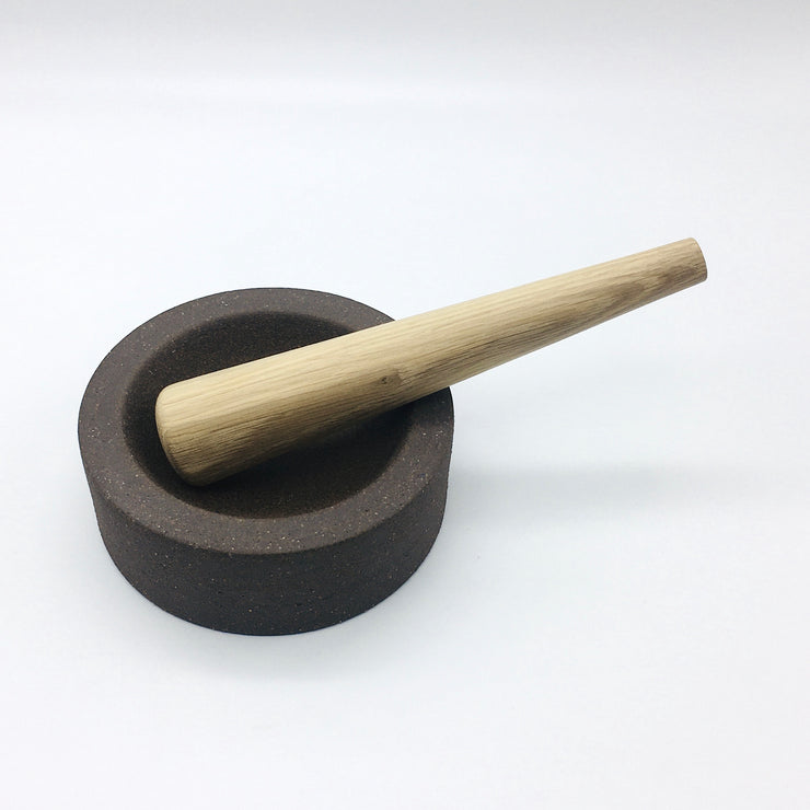 Essi Mortar | 6.5" x 2.5" | Raw Brownstone w/ Mudra Pestle 10" in White Oak