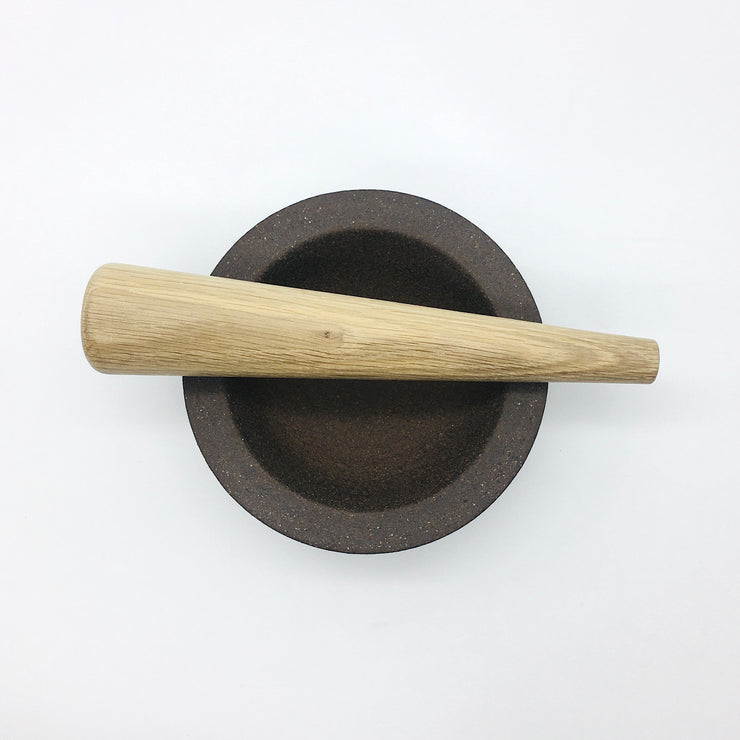 Essi Mortar | 6.5" x 2.5" | Raw Brownstone w/ Mudra Pestle 10" in White Oak