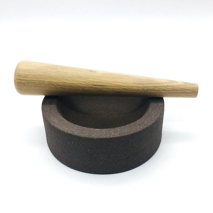 Essi Mortar | 6.5" x 2.5" | Raw Brownstone w/ Mudra Pestle 10" in White Oak