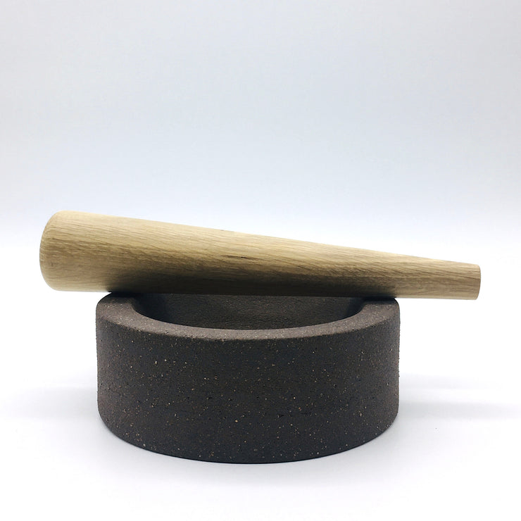 Essi Mortar | 6.5" x 2.5" | Raw Brownstone w/ Mudra Pestle 10" in White Oak