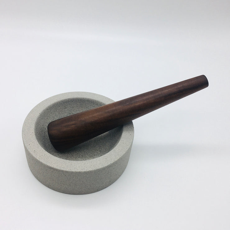 Essi Mortar | 6.5" x 2.5" | Raw Greystone w/ Mudra Pestle 10" in Walnut