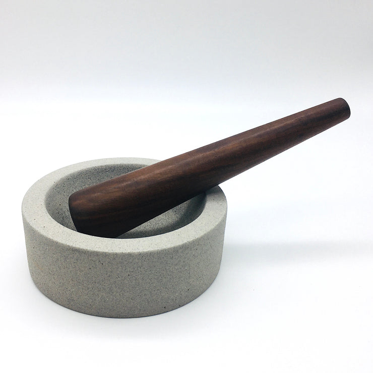 Essi Mortar | 6.5" x 2.5" | Raw Greystone w/ Mudra Pestle 10" in Walnut