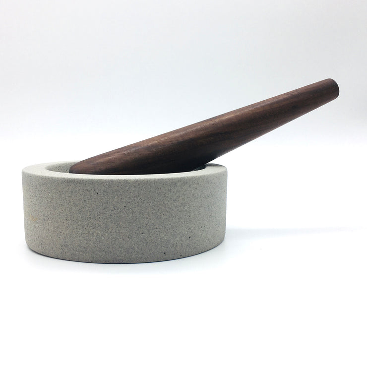 Essi Mortar | 6.5" x 2.5" | Raw Greystone w/ Mudra Pestle 10" in Walnut
