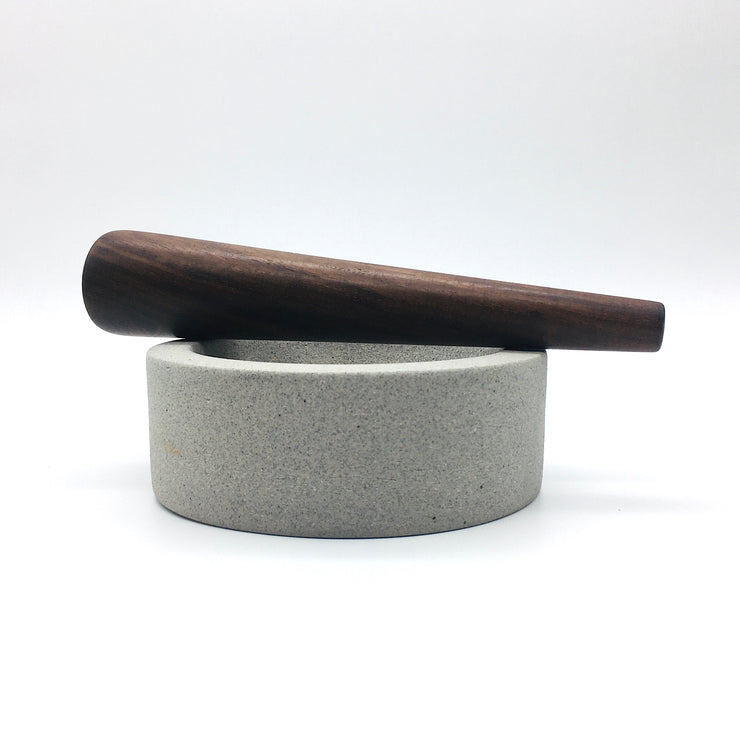 Essi Mortar | 6.5" x 2.5" | Raw Greystone w/ Mudra Pestle 10" in Walnut