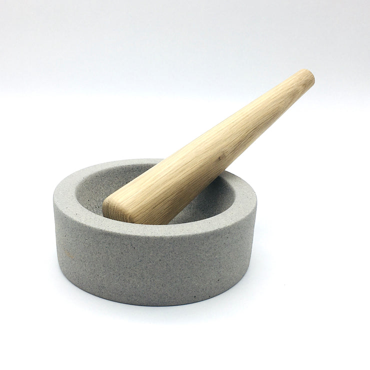 Essi Mortar | 6.5" x 2.5" | Raw Greystone w/ Mudra Pestle 10" in White Oak