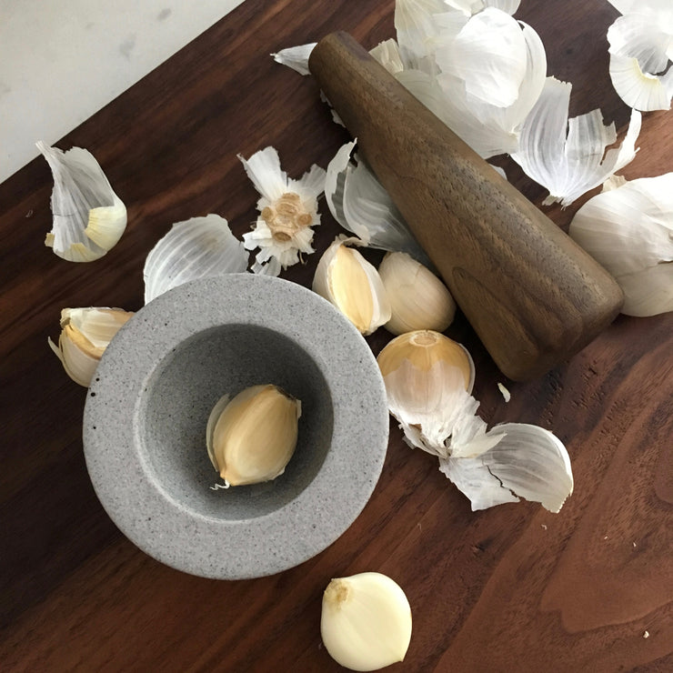 Essi Mortar | 3.5" x 2.5" | Raw Greystone | Mudra Pestle | 6" | Walnut