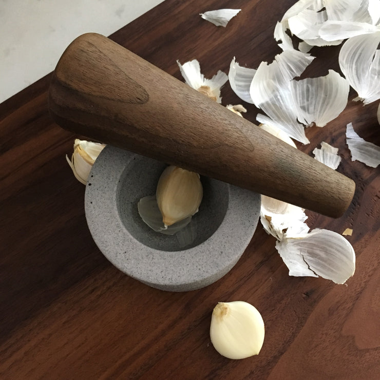 Essi Mortar | 3.5" x 2.5" | Raw Greystone | Mudra Pestle | 6" | Walnut