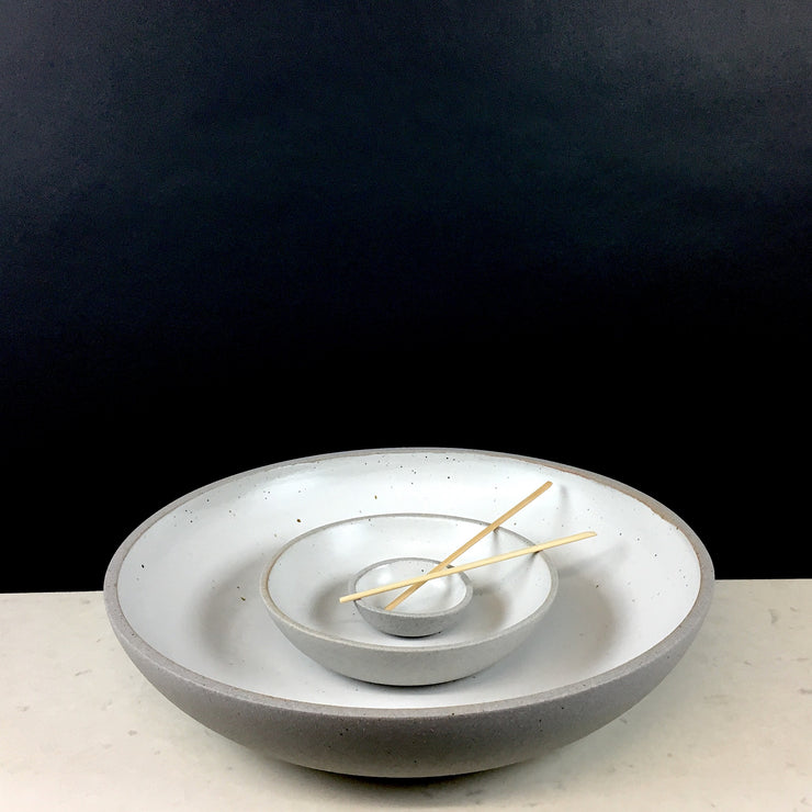 STS35-G-S | Stillness SOS 3.5" | Stillness Collection | Greystone/Snow White | Humble Ceramics | (seen with the Stillness Platter & Bowl)